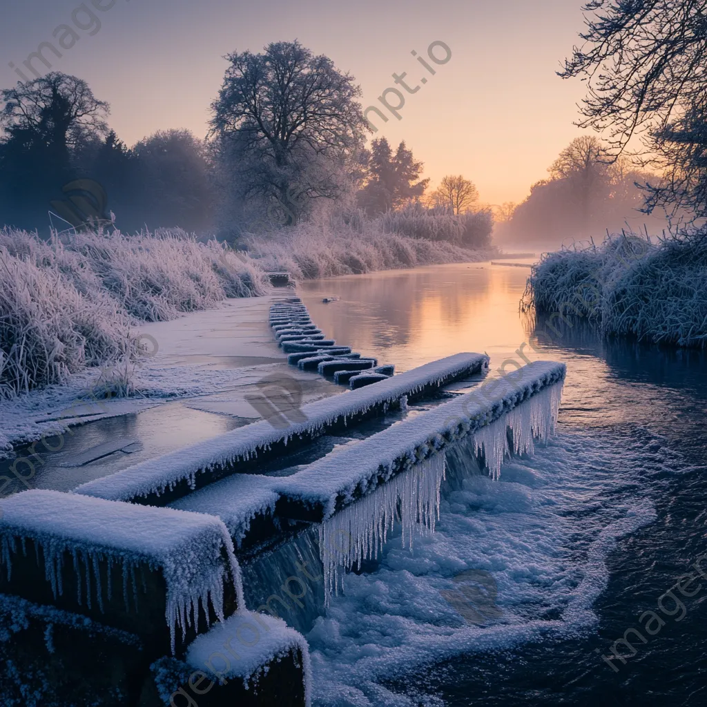 Traditional weir covered in frost during winter - Image 1