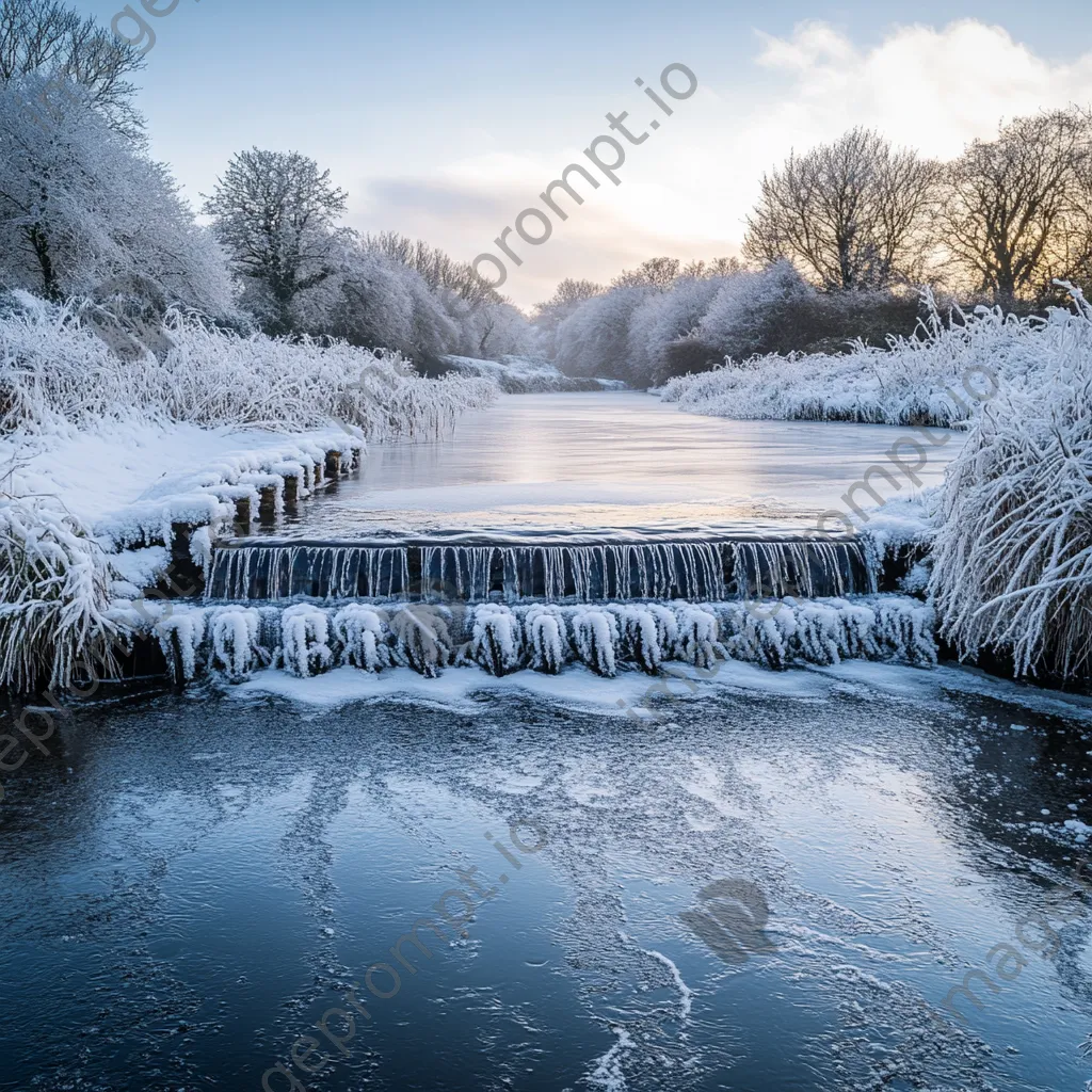 Traditional weir covered in frost during winter - Image 2