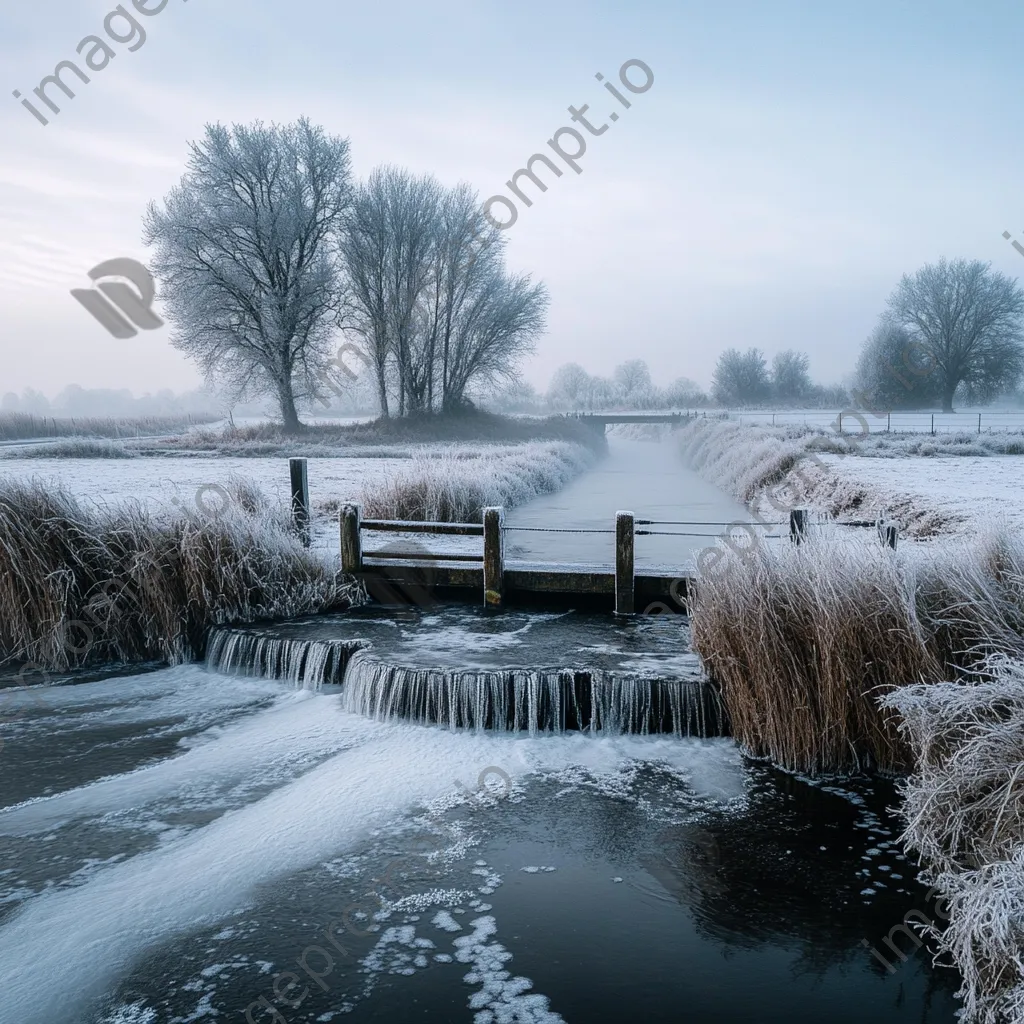 Traditional weir covered in frost during winter - Image 3