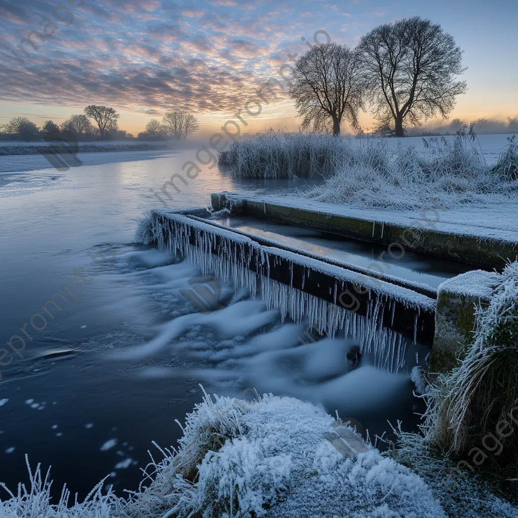 Traditional weir covered in frost during winter - Image 4