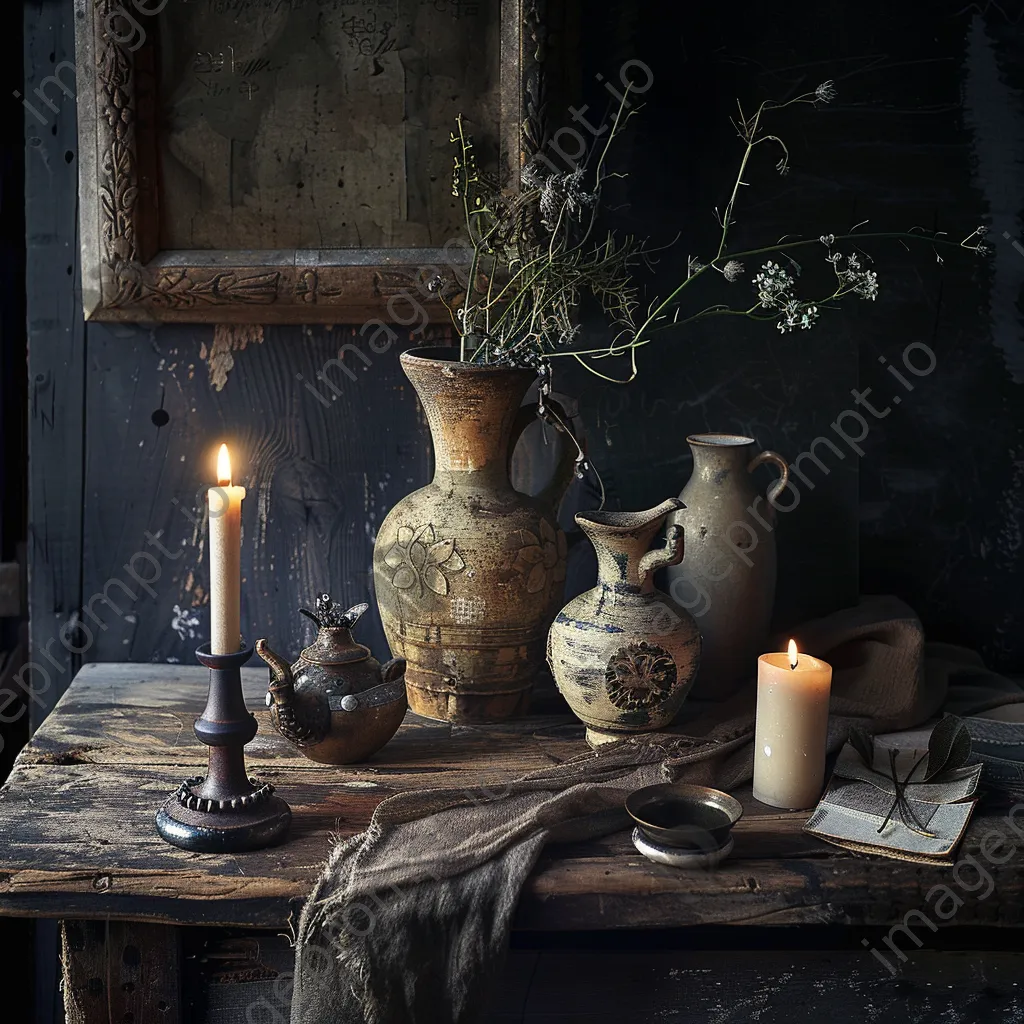 Black and white still life of vintage objects on a weathered table - Image 1