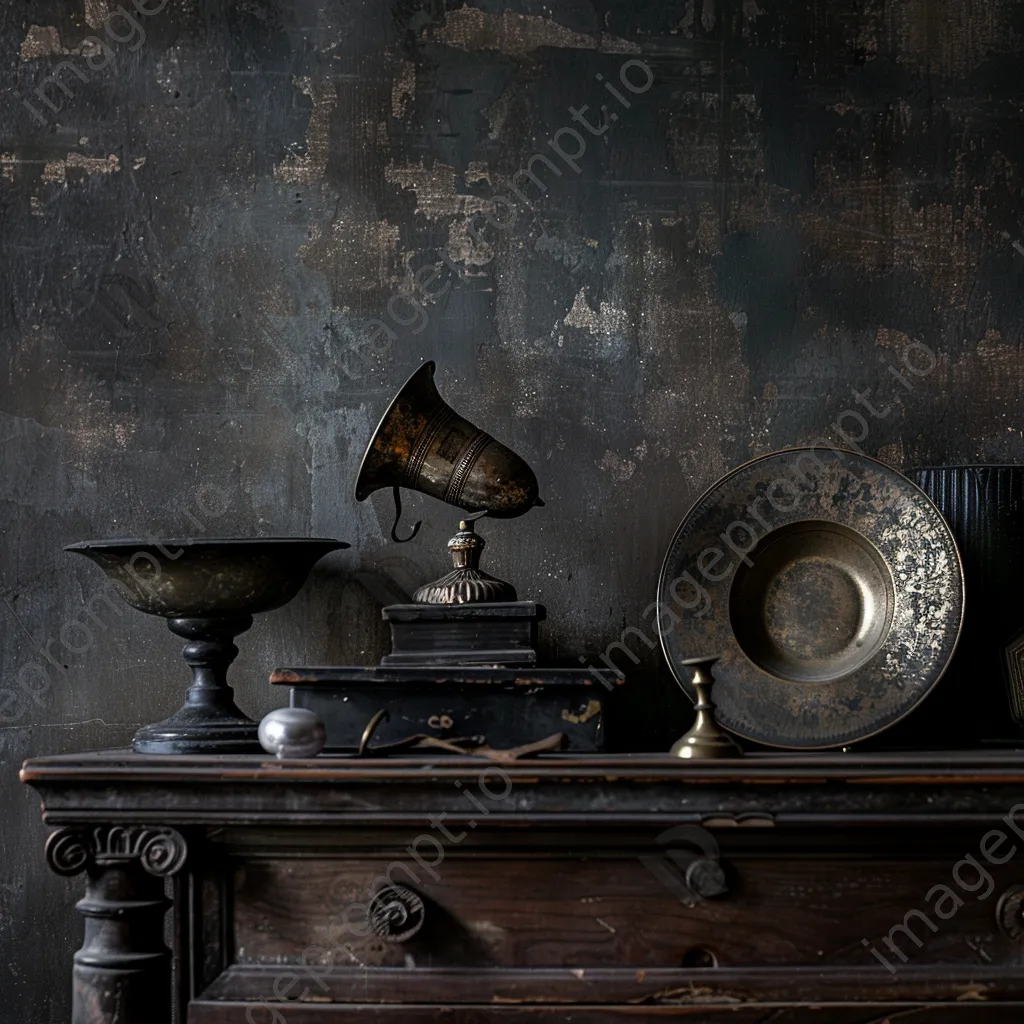 Black and white still life of vintage objects on a weathered table - Image 2