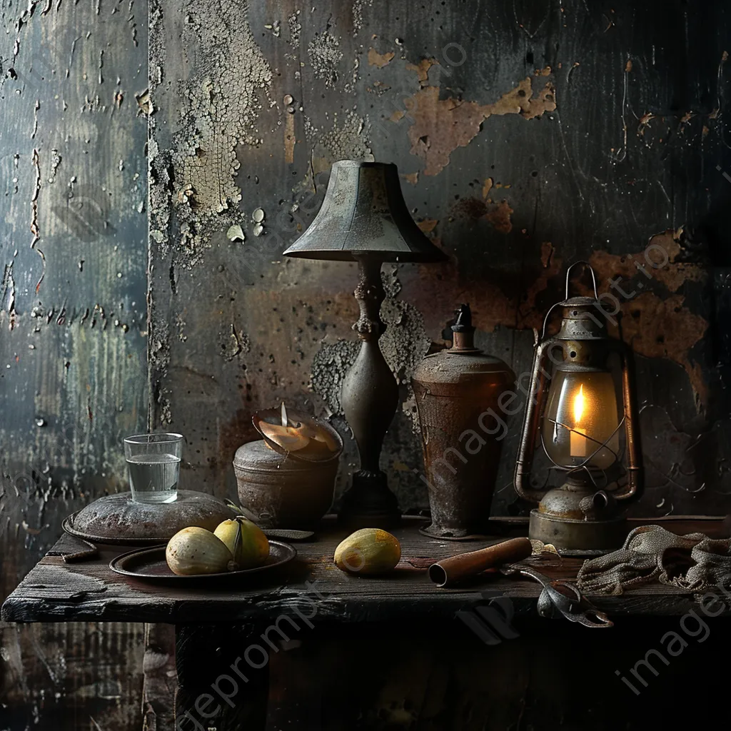 Black and white still life of vintage objects on a weathered table - Image 3