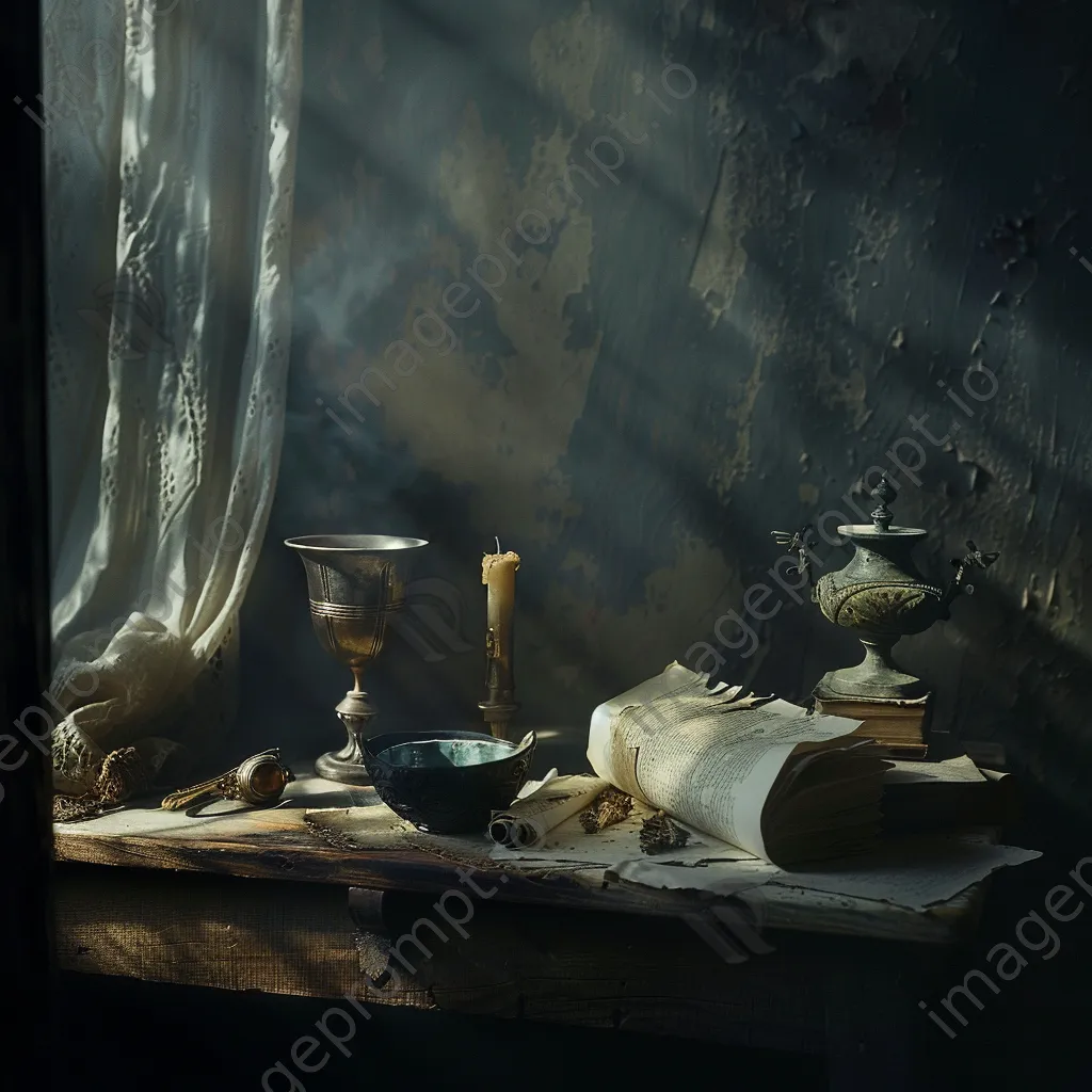 Black and white still life of vintage objects on a weathered table - Image 4