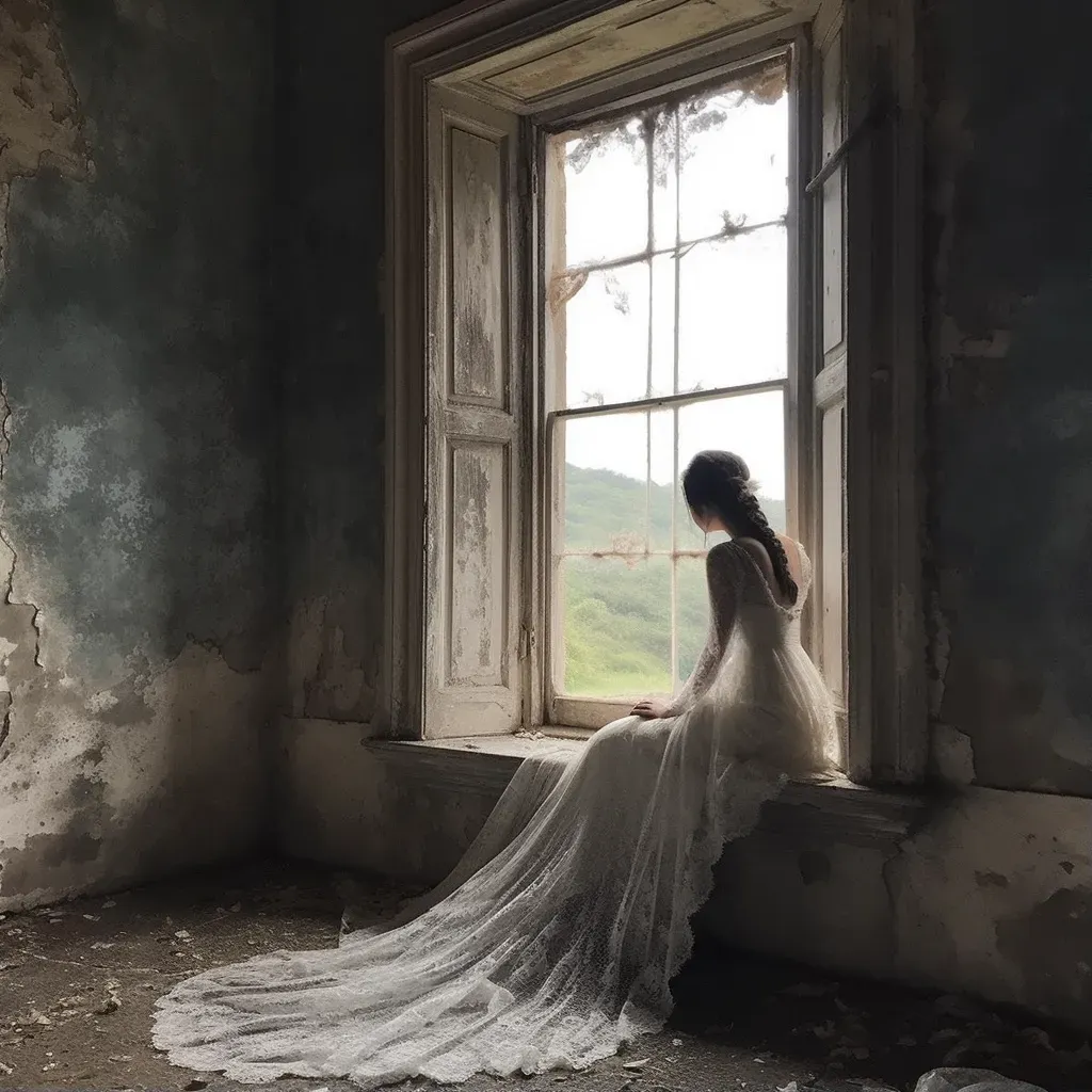 Spectral bride standing by a window of a crumbling mansion - Image 1