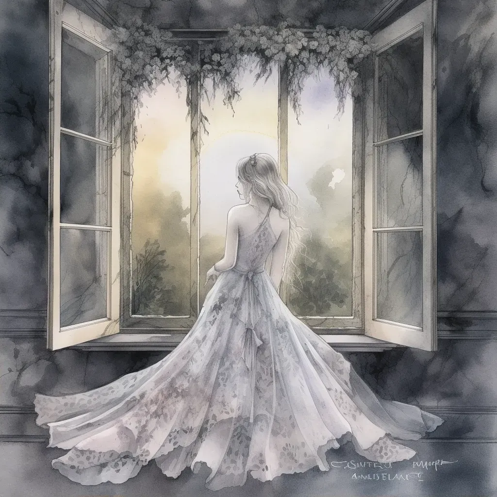 Spectral bride standing by a window of a crumbling mansion - Image 2