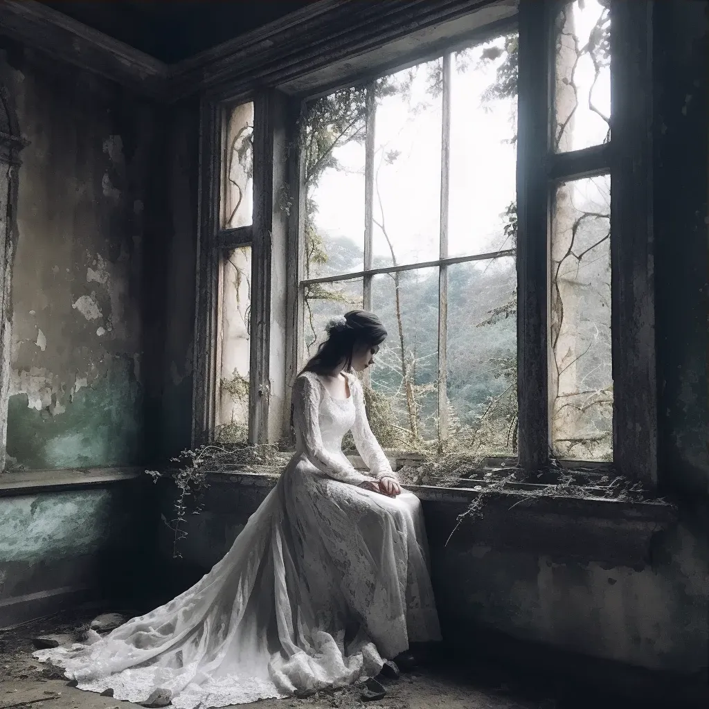 Spectral bride standing by a window of a crumbling mansion - Image 3