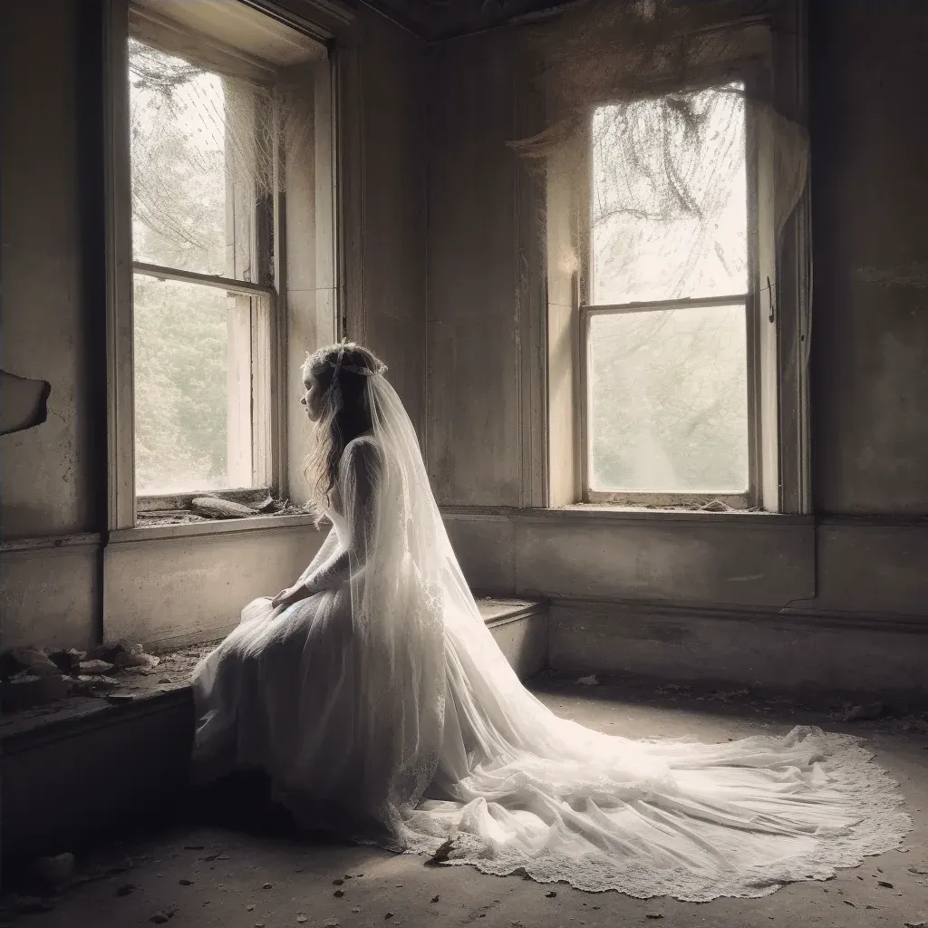 Spectral bride standing by a window of a crumbling mansion - Image 4