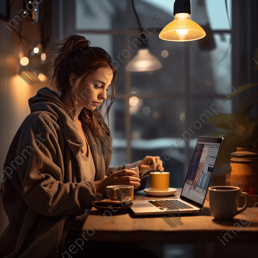 Freelancer working on laptop with coffee on rainy day - Image 1