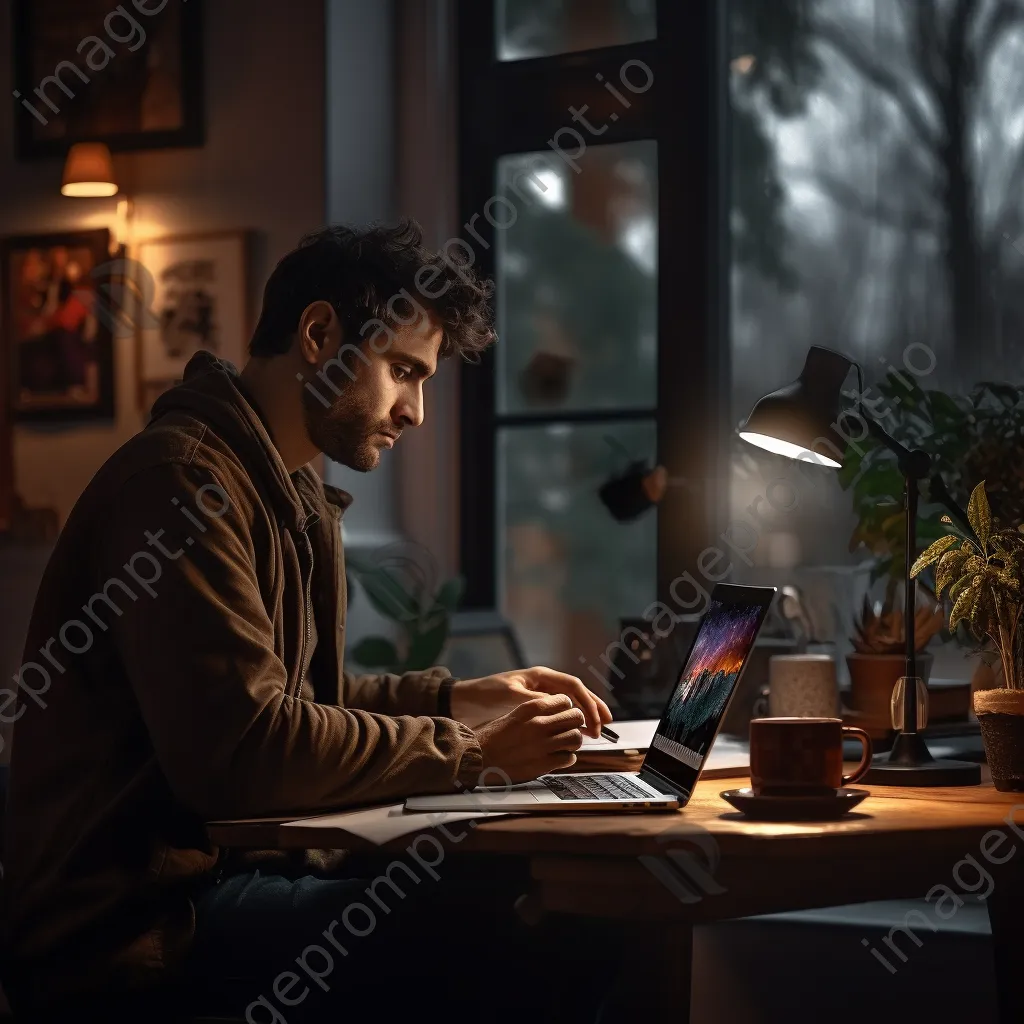 Freelancer working on laptop with coffee on rainy day - Image 2