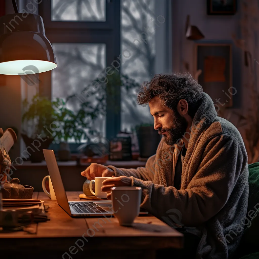 Freelancer working on laptop with coffee on rainy day - Image 3