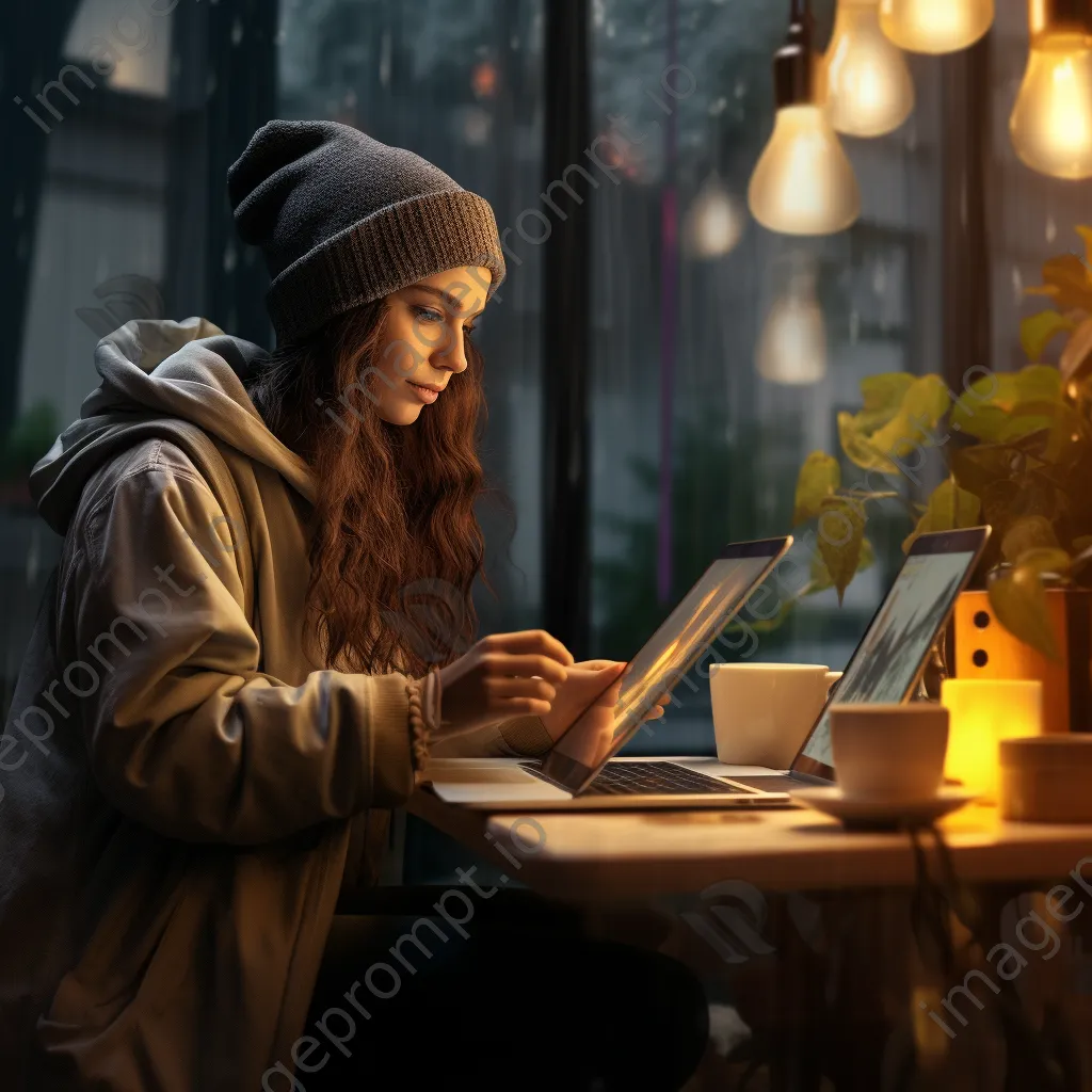 Freelancer working on laptop with coffee on rainy day - Image 4