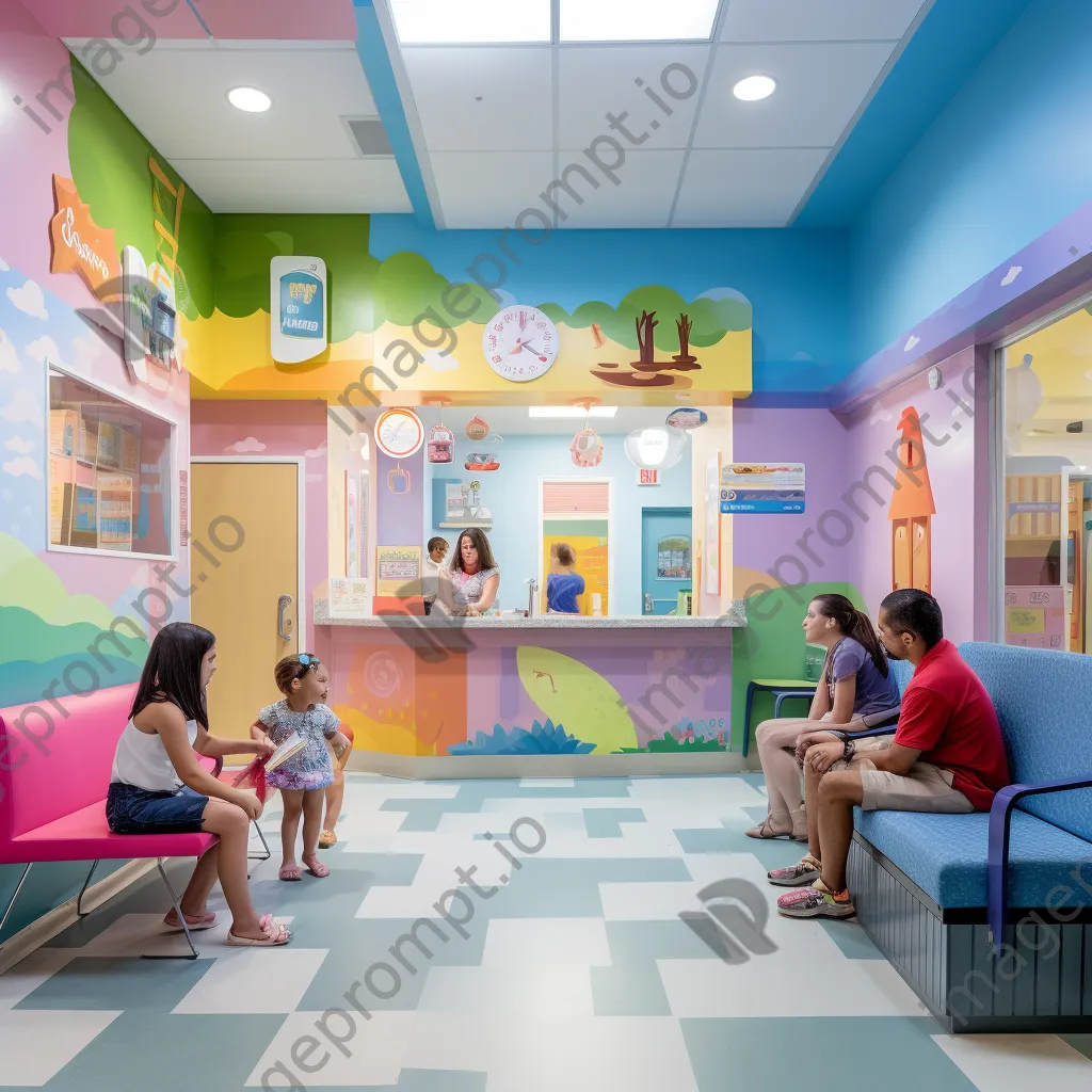 Children playing in a pediatric clinic waiting area with medical staff in the background. - Image 1