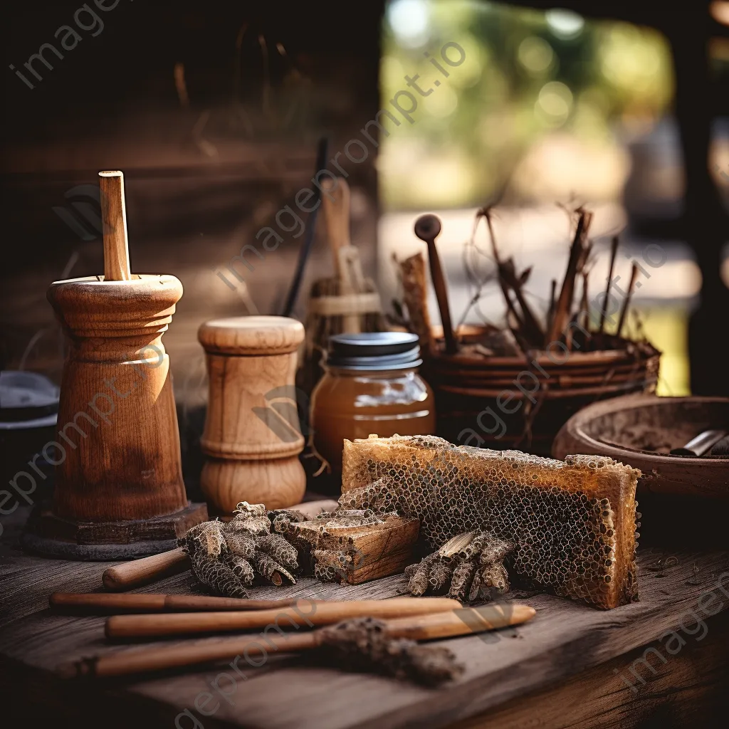 Traditional beekeeping tools displayed on a rustic wooden table with natural light. - Image 1