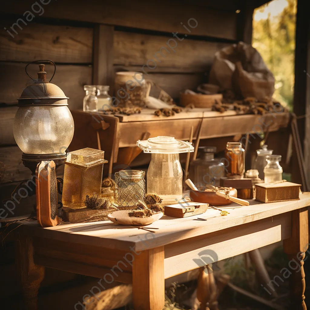 Traditional beekeeping tools displayed on a rustic wooden table with natural light. - Image 2