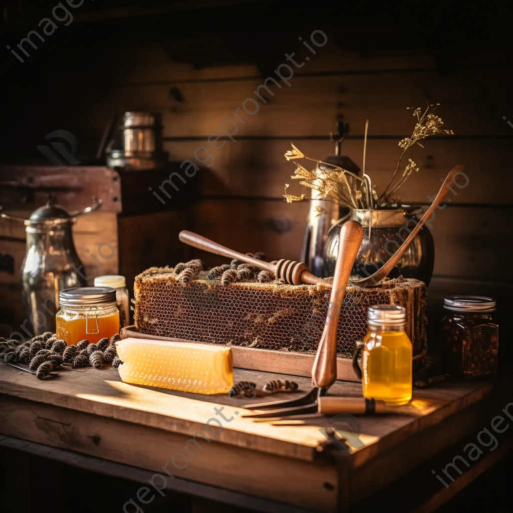 Traditional beekeeping tools displayed on a rustic wooden table with natural light. - Image 3