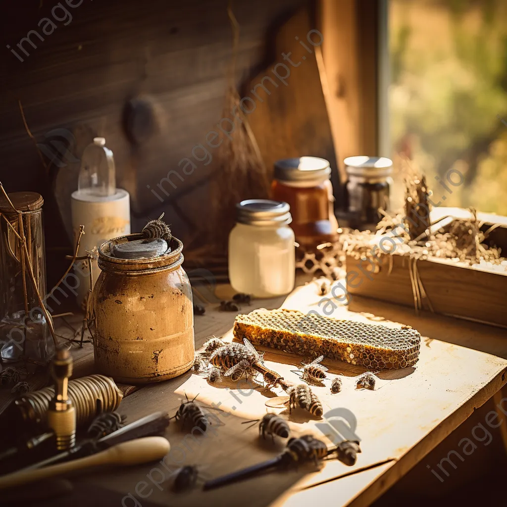 Traditional beekeeping tools displayed on a rustic wooden table with natural light. - Image 4