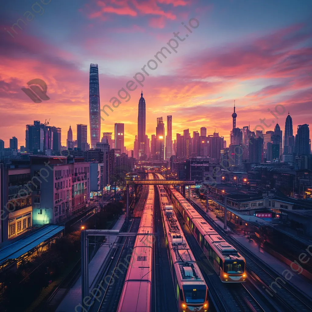 Panoramic view of a smart city skyline at twilight with integrated technology - Image 1