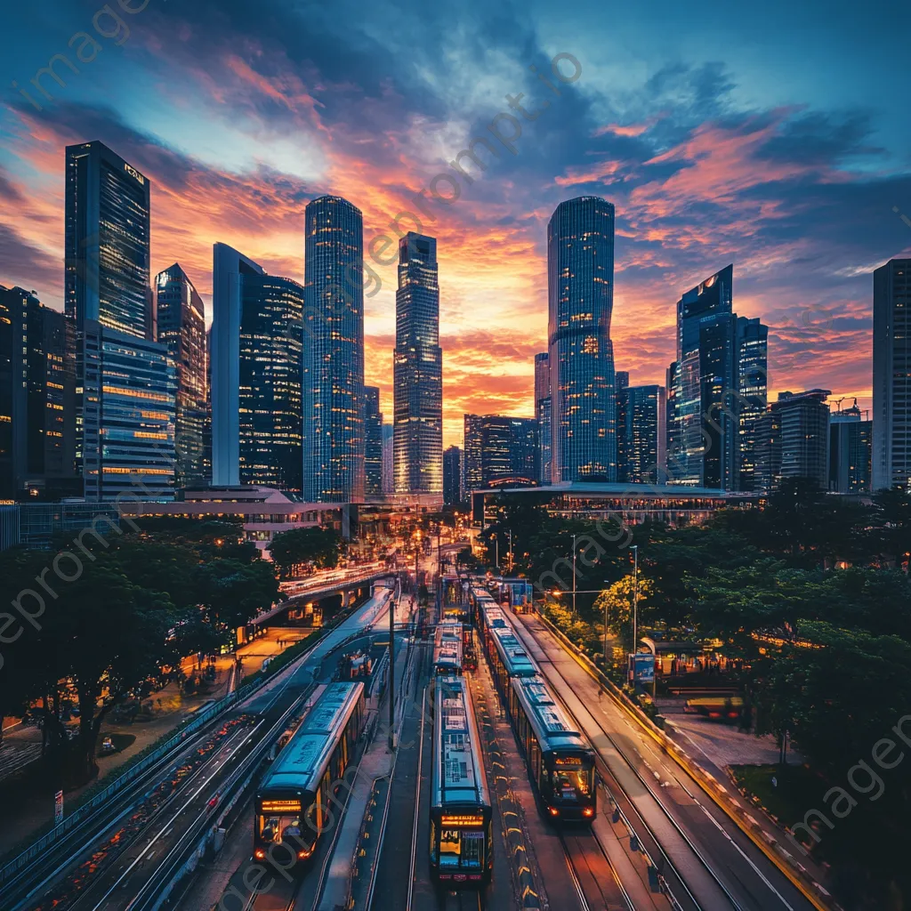 Panoramic view of a smart city skyline at twilight with integrated technology - Image 2