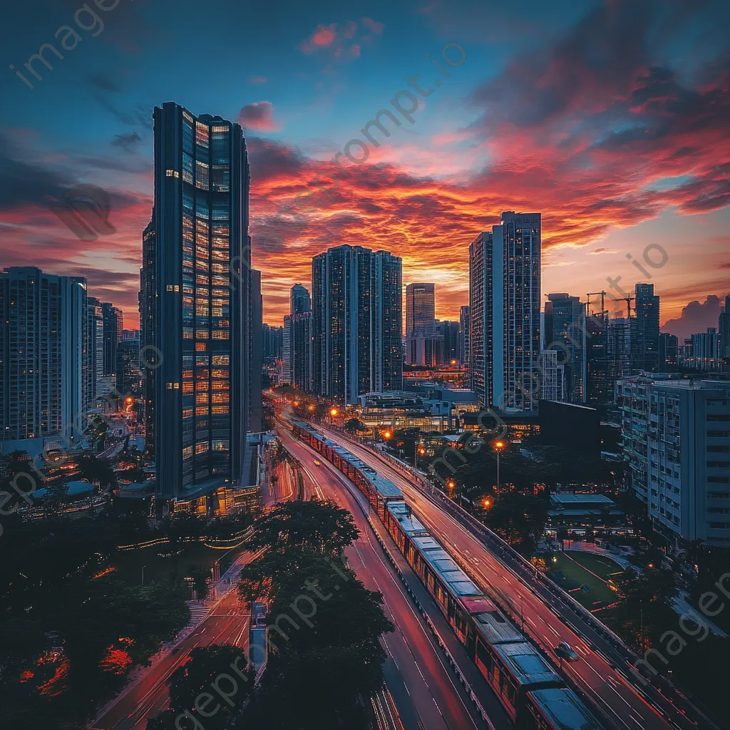 Panoramic view of a smart city skyline at twilight with integrated technology - Image 3