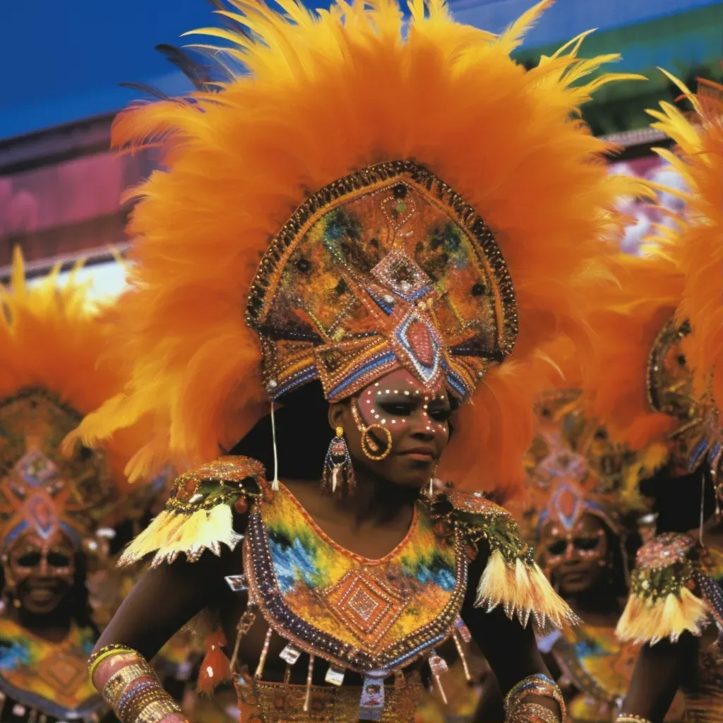 Illustration of a vibrant Carnival in Rio de Janeiro with dancers in colorful costumes and feathered headdresses - Image 1