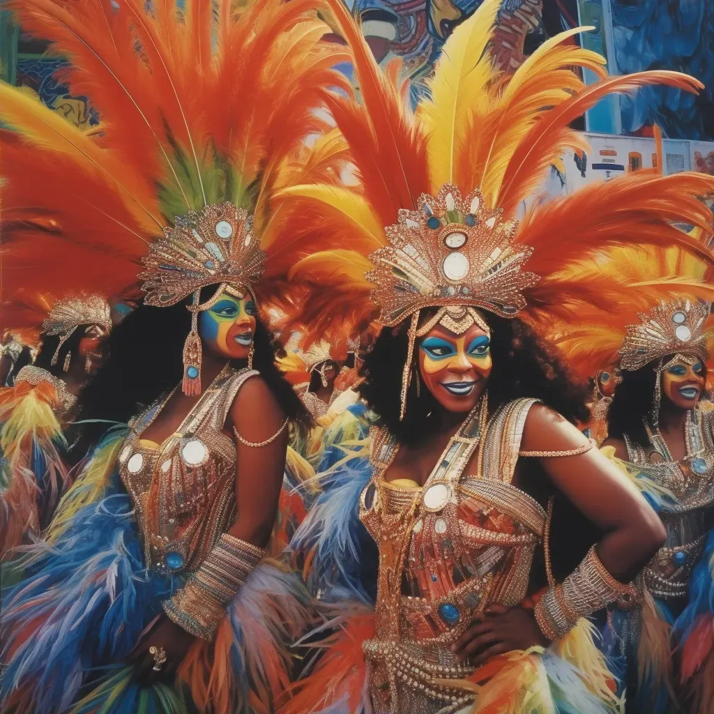 Illustration of a vibrant Carnival in Rio de Janeiro with dancers in colorful costumes and feathered headdresses - Image 2