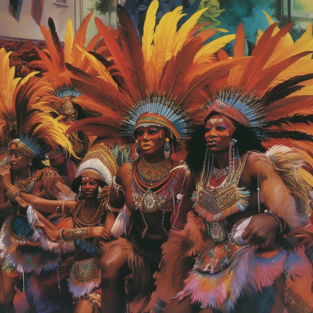 Illustration of a vibrant Carnival in Rio de Janeiro with dancers in colorful costumes and feathered headdresses - Image 4