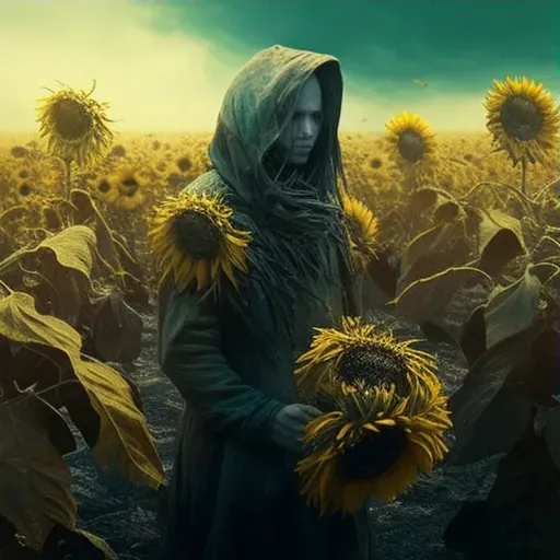 Illustration of a woman standing in a field of wilting sunflowers - Image 3