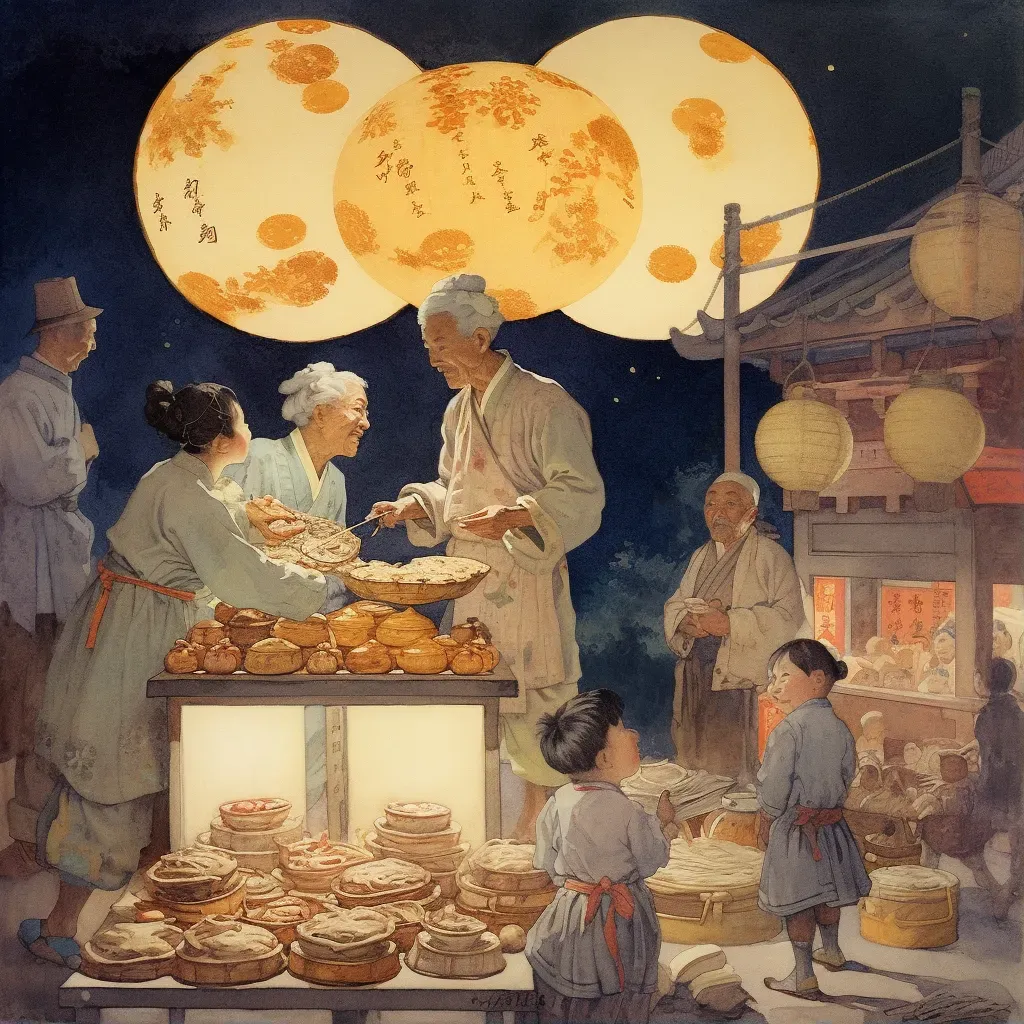 Image of a festival with mooncakes, lanterns, and a full moon in the night sky - Image 1