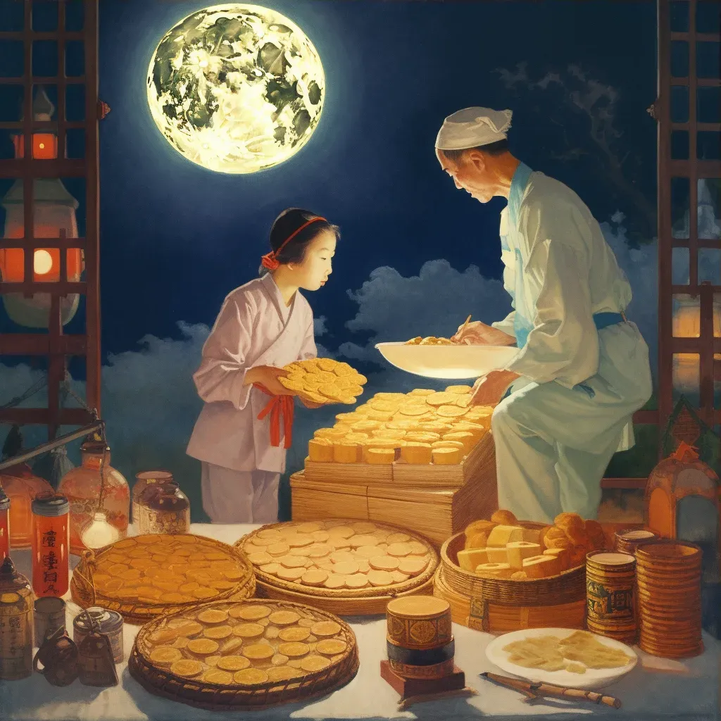 Image of a festival with mooncakes, lanterns, and a full moon in the night sky - Image 3