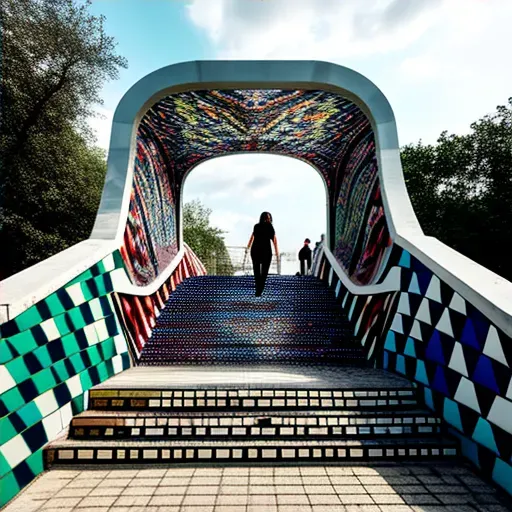 Pedestrian bridge adorned with a vibrant, community-created mosaic tile artwork - Image 4