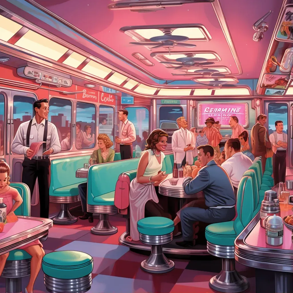 Image of a bustling 1950s diner with patrons in period attire and neon lights - Image 1