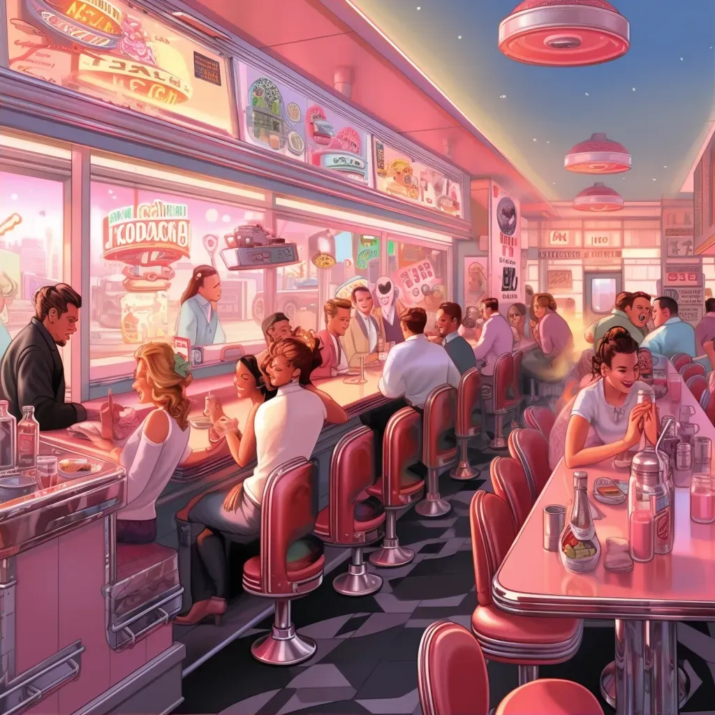 Image of a bustling 1950s diner with patrons in period attire and neon lights - Image 2