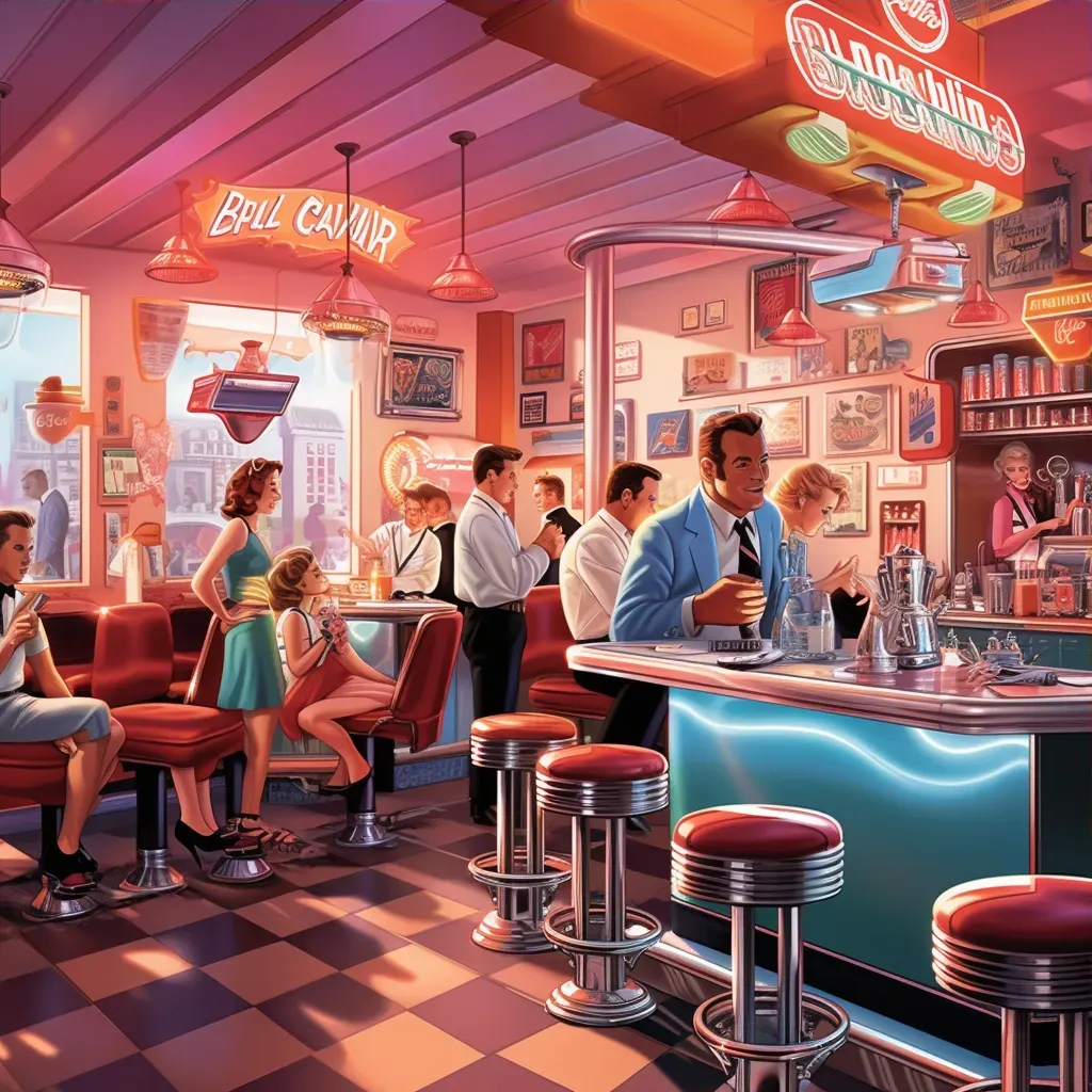 Image of a bustling 1950s diner with patrons in period attire and neon lights - Image 3