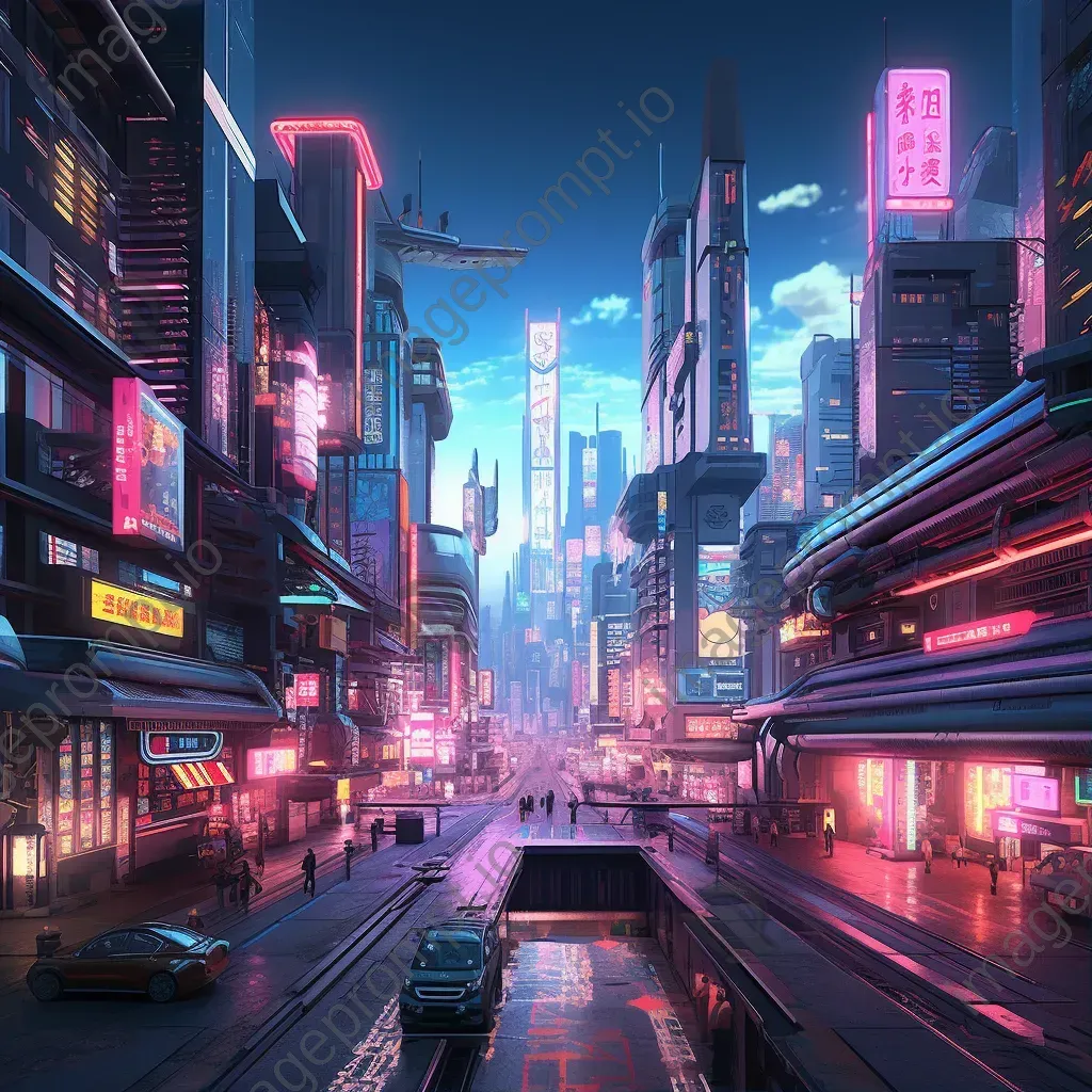 Vaporwave aesthetic interpretation of a bustling cybernetic city with floating platforms - Image 1