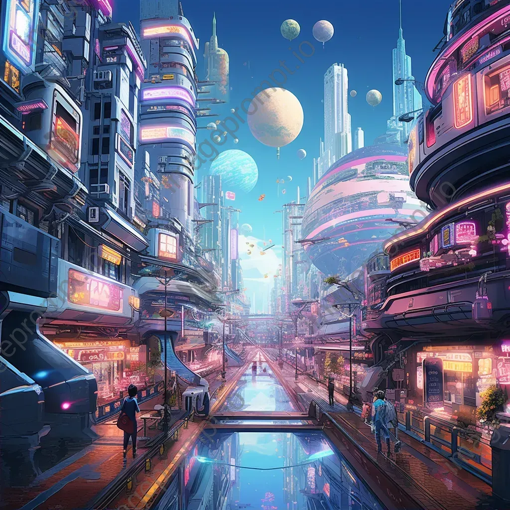 Vaporwave aesthetic interpretation of a bustling cybernetic city with floating platforms - Image 2