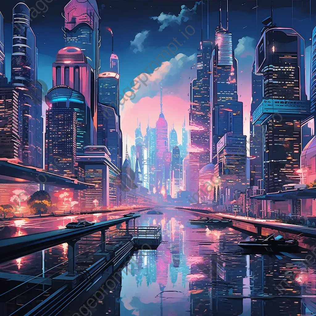 Vaporwave aesthetic interpretation of a bustling cybernetic city with floating platforms - Image 3