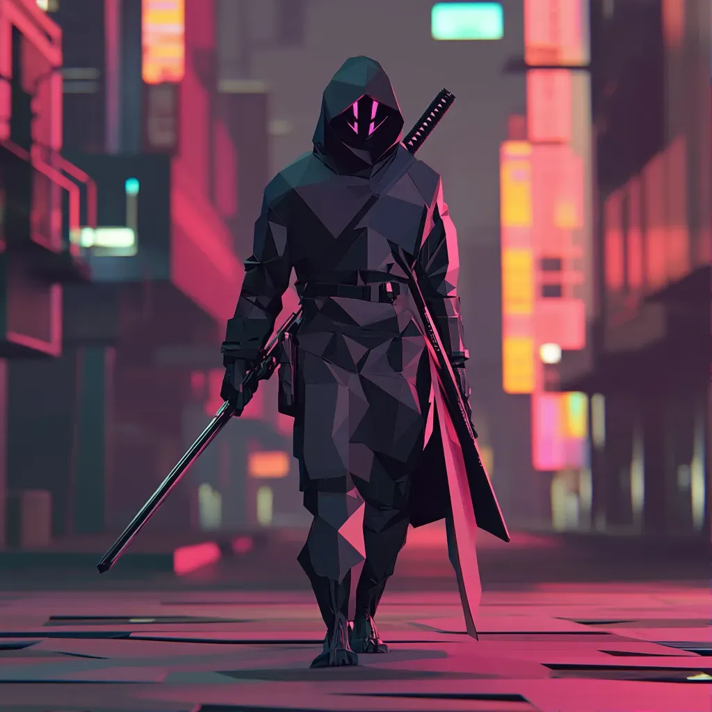 Low poly cyberninja in high contrast neo-noir setting, inspired by cubism - Image 1