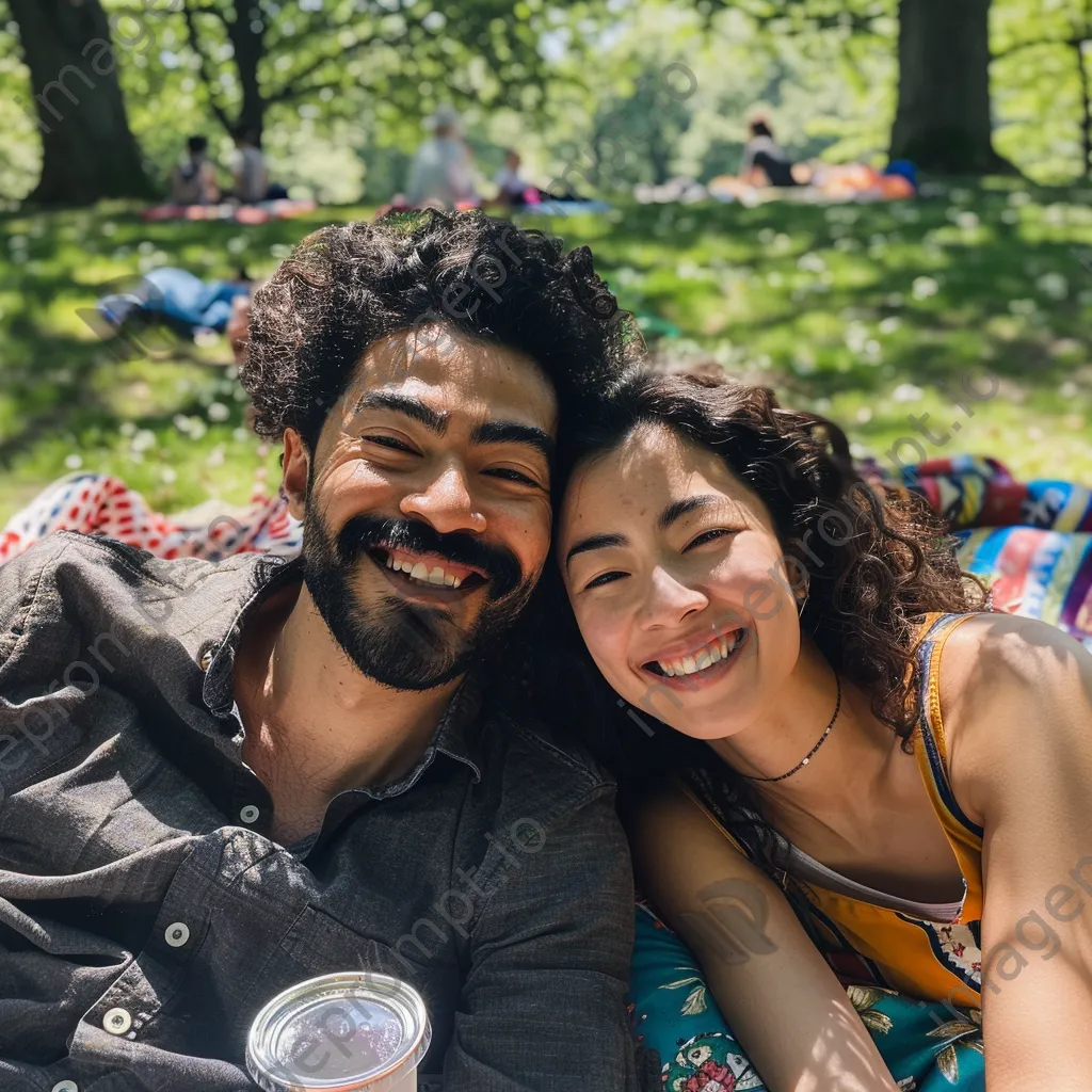 Diverse couple having a picnic in the park - Image 1