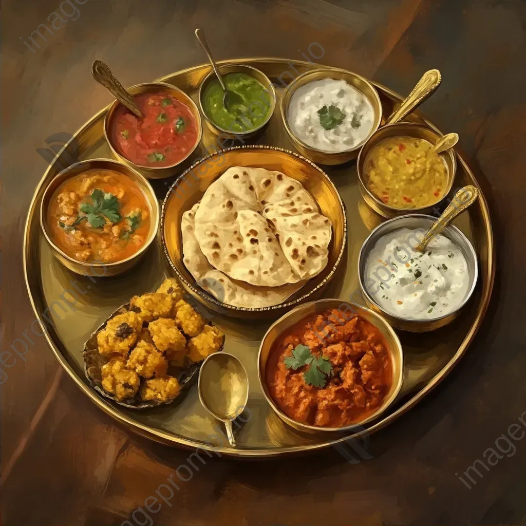 Traditional Indian thali served in brass utensils showcased in low poly art style - Image 2