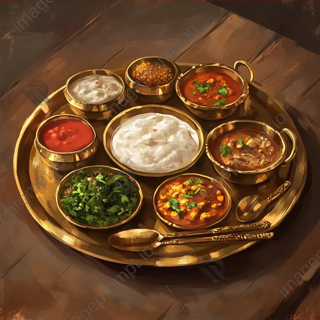 Traditional Indian thali served in brass utensils showcased in low poly art style - Image 3