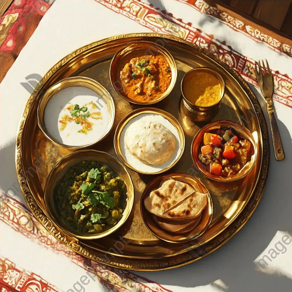 Traditional Indian thali served in brass utensils showcased in low poly art style - Image 4