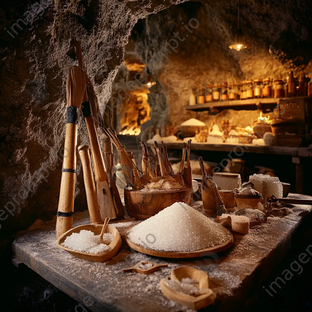 Traditional salt processing tools arranged with warm lighting - Image 2