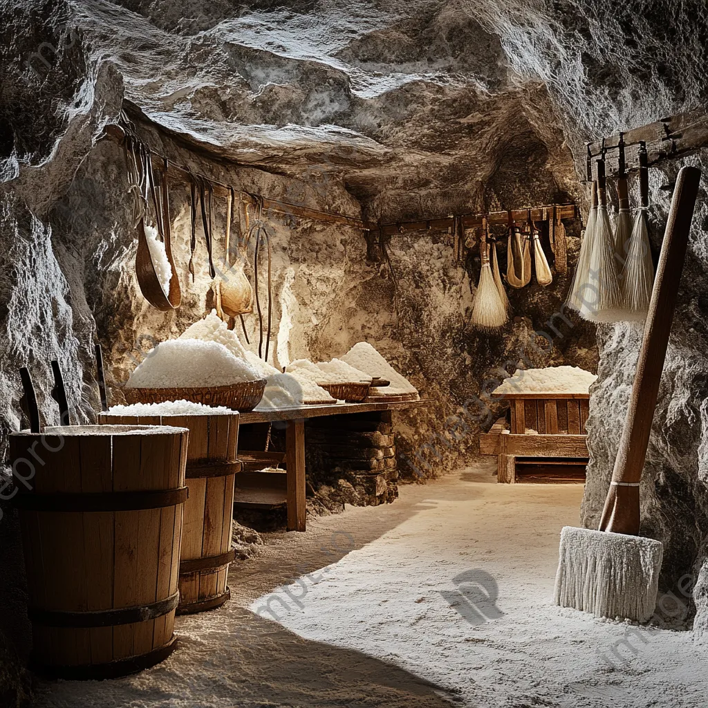 Traditional salt processing tools arranged with warm lighting - Image 3