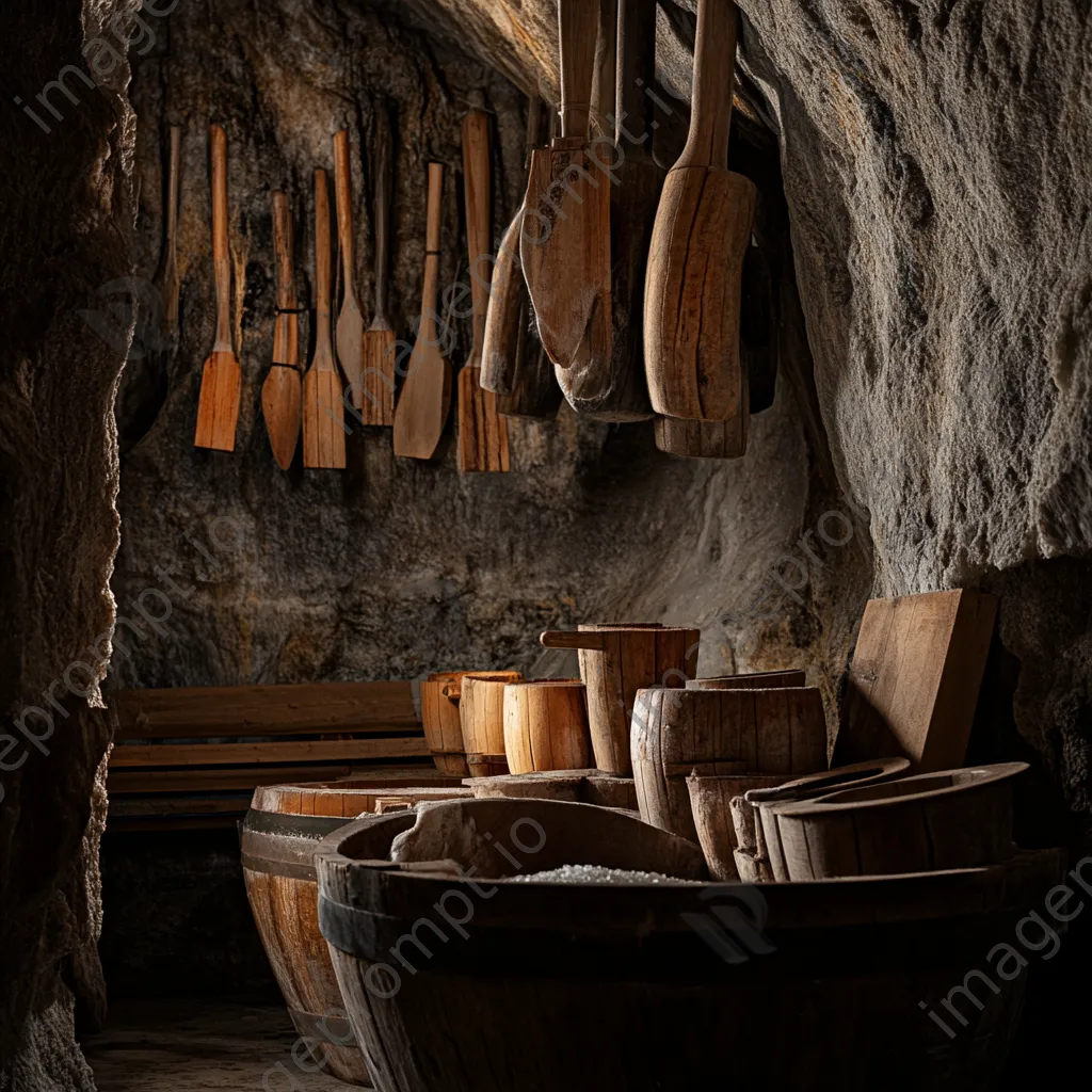 Traditional salt processing tools arranged with warm lighting - Image 4