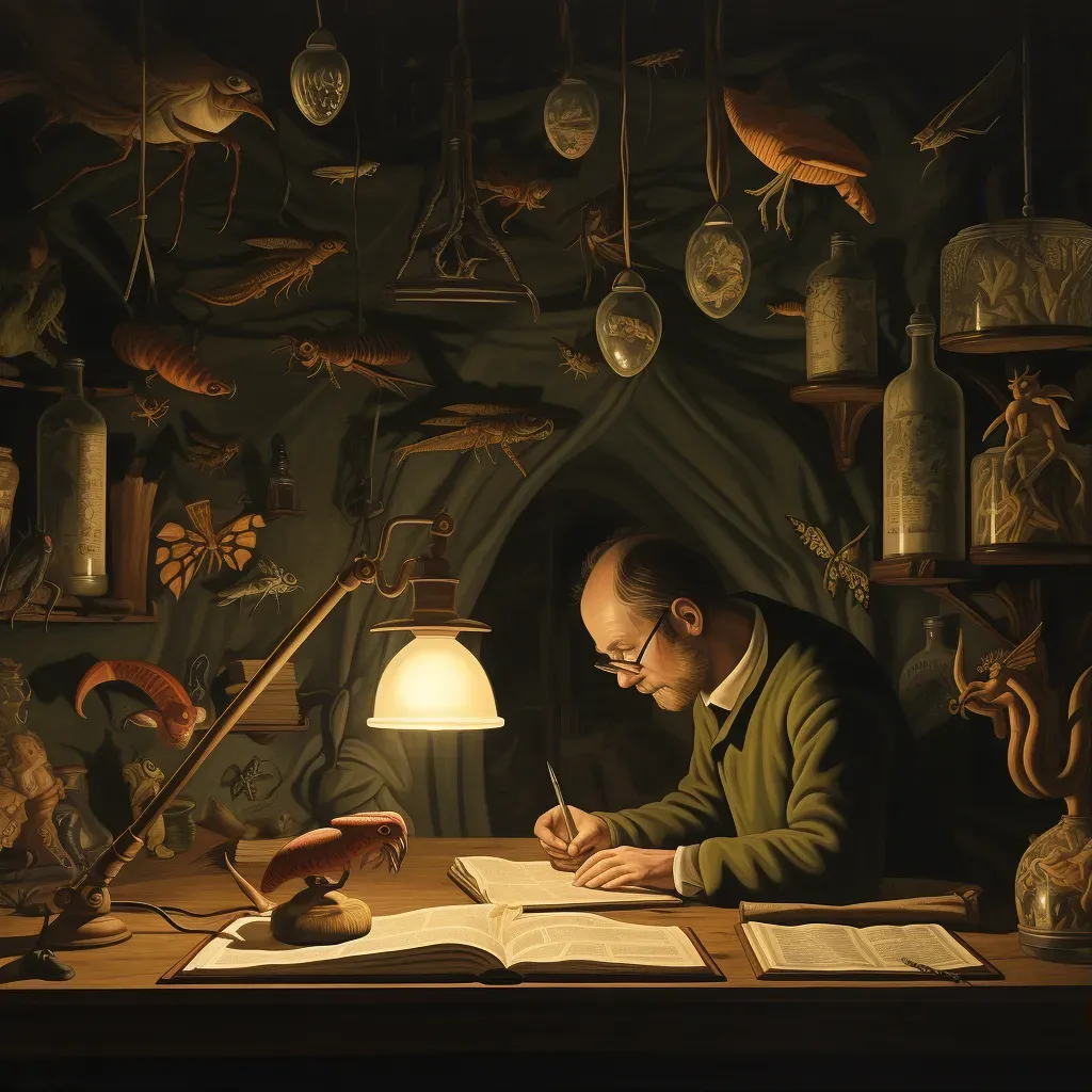 Man reading a book under a lamp with fantastical creature shadows - Image 1