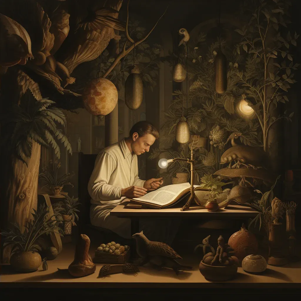 Man reading a book under a lamp with fantastical creature shadows - Image 2