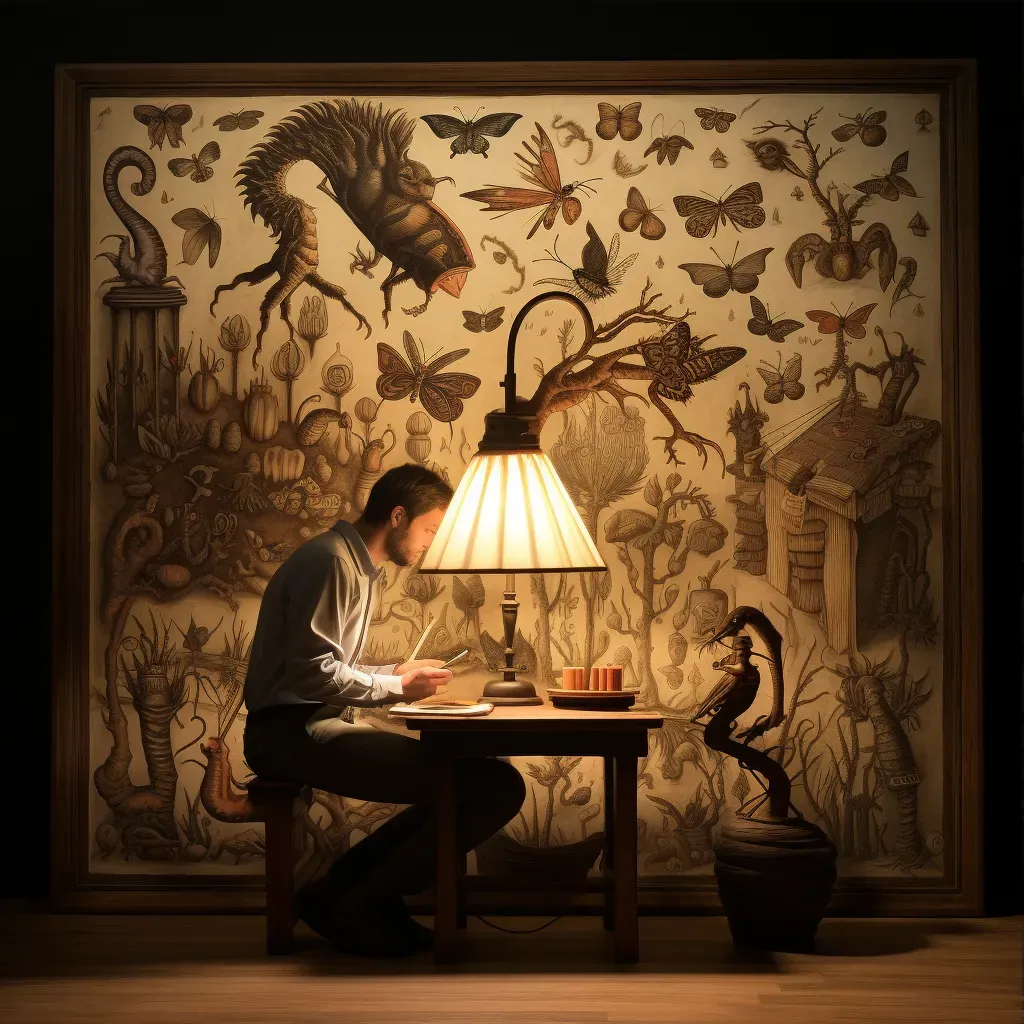 Man reading a book under a lamp with fantastical creature shadows - Image 3