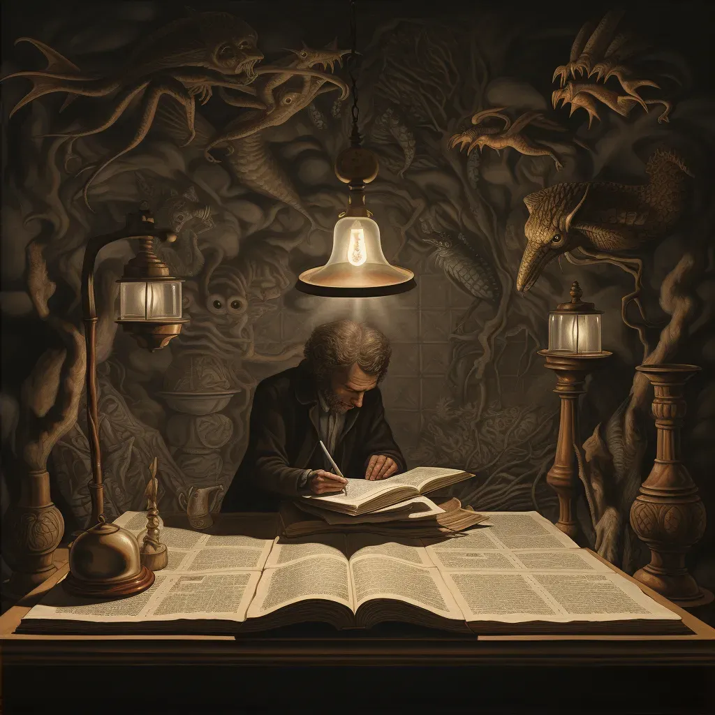 Man reading a book under a lamp with fantastical creature shadows - Image 4