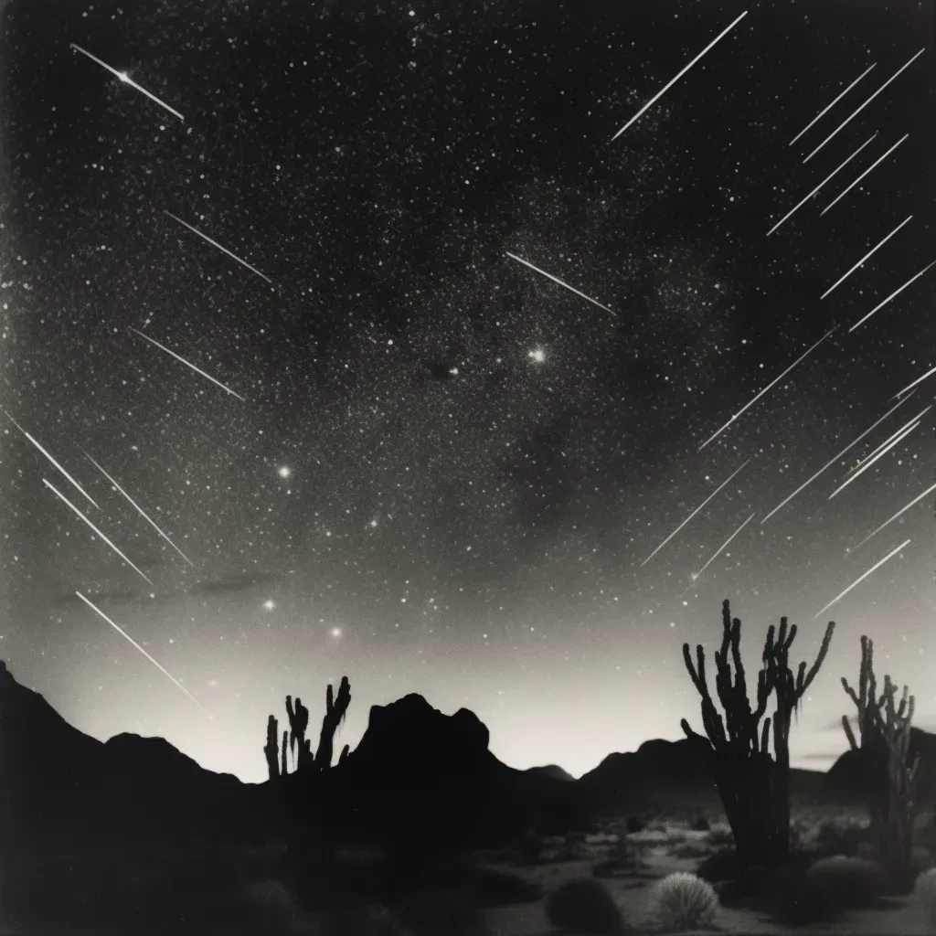 Starry night sky with meteor shower over desert landscape silhouette - Image 1